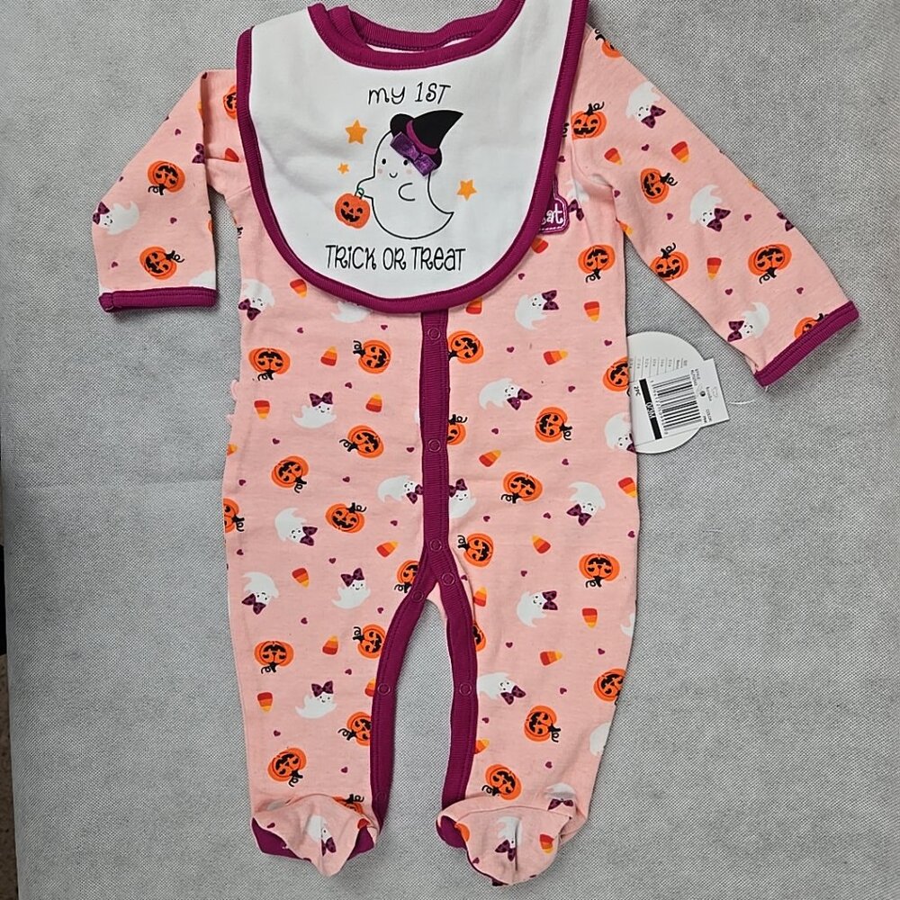 Konala Baby Girl 3-6 mo "My First Trick or Treat" Halloween Sleeper‎ Bib Set NEW